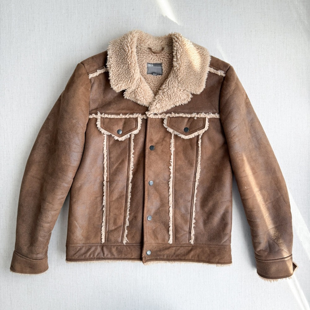 ASOS Design brown faux leather sherpa‎ shearling jacket size M